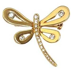 St John Gold Tone Clear Rhinestone Dragonfly Brooch Pin, Signed